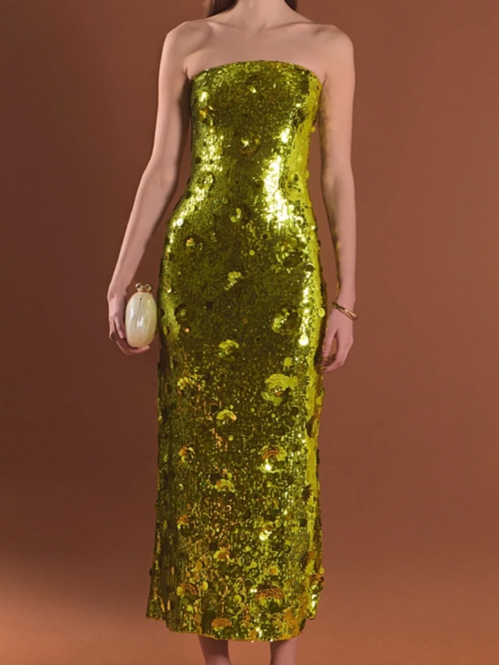 NWT Anthropologie Endless Rose Strapless Sequin Midi Dress in Chartreuse